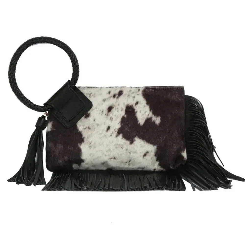 Black Western Fringe Vegan Cowhide Ring Clutch | Boho Tassel Clutch Bag